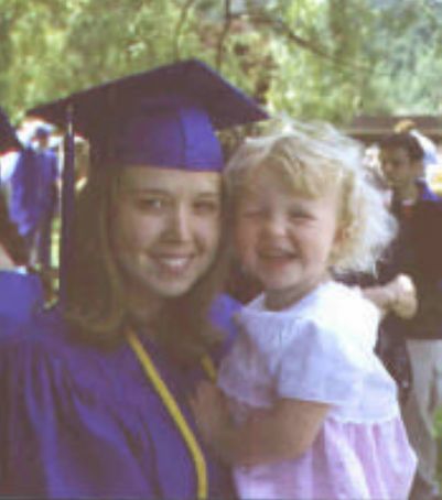 Photo from the 2002 Christmas letter: Ronda and a young child in a graduation cap