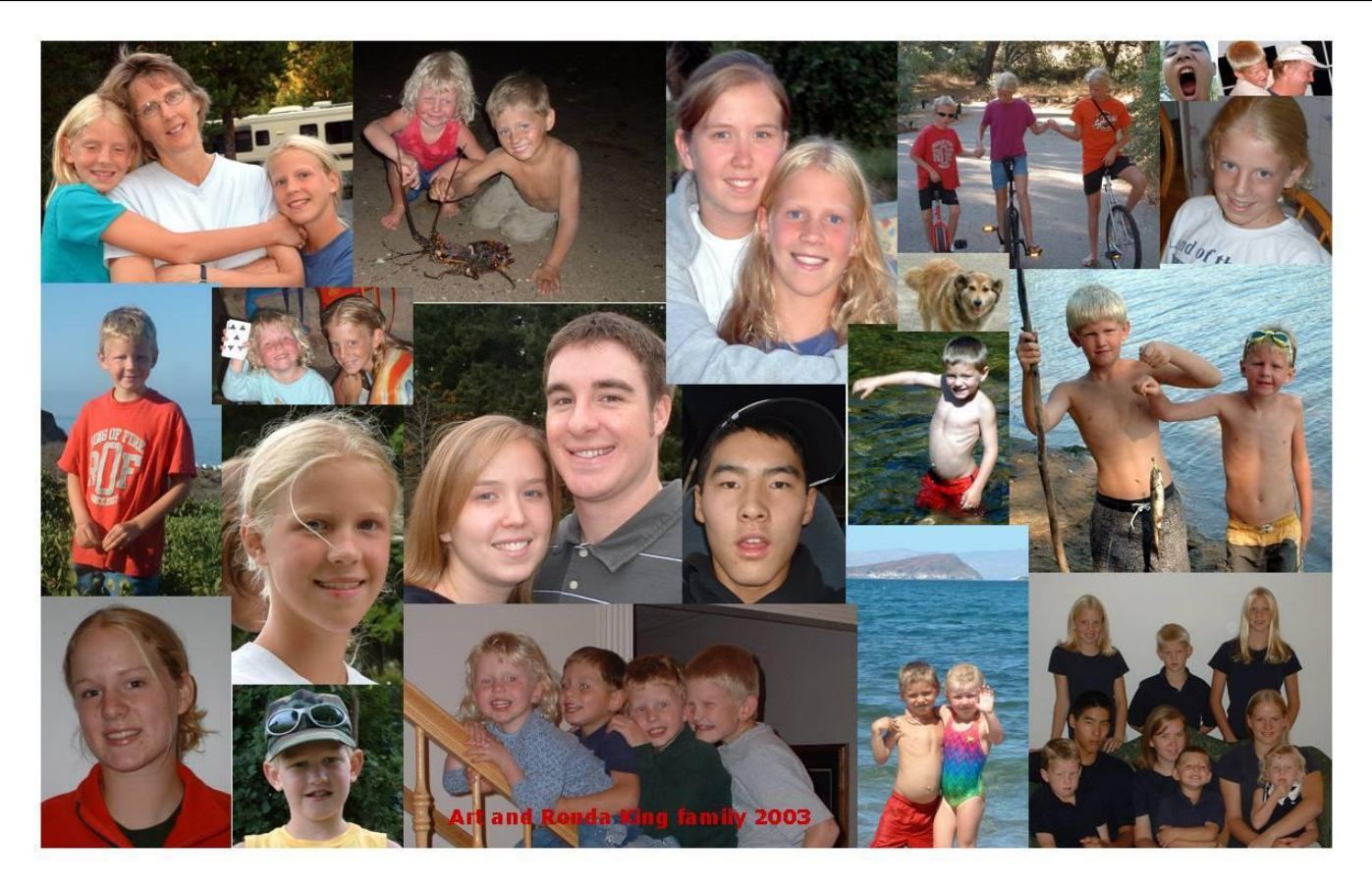Photo from the 2003 Christmas letter: collage of King family photos, labeled "Art and Ronda King family 2003"