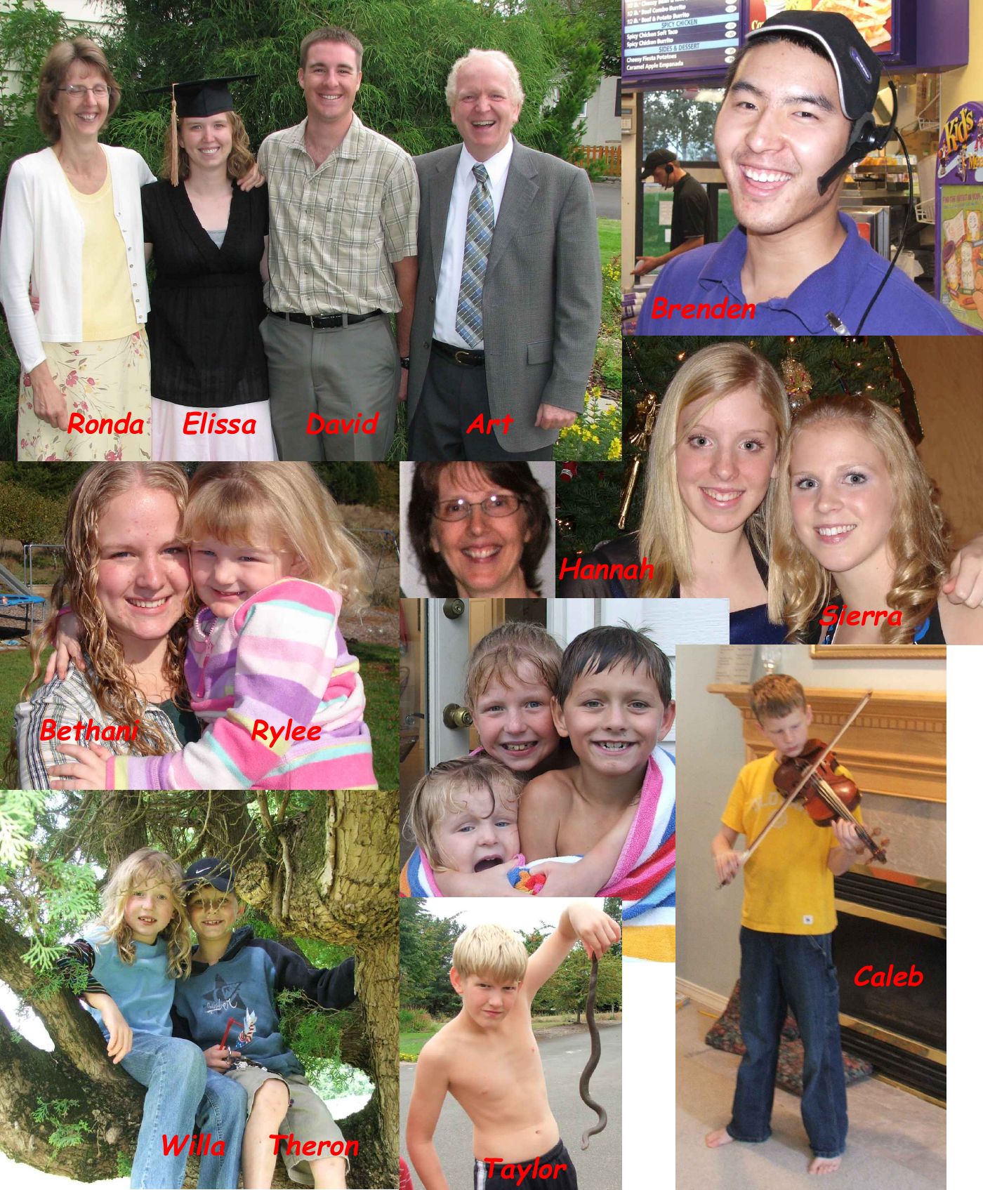 Photo from the 2007 Christmas letter: collage of family portraits labeled Brenden, Ronda, Elissa, David, Art, Hannah, Sierra, Bethani, Rylee, Caleb, Willa, Theron and Taylor