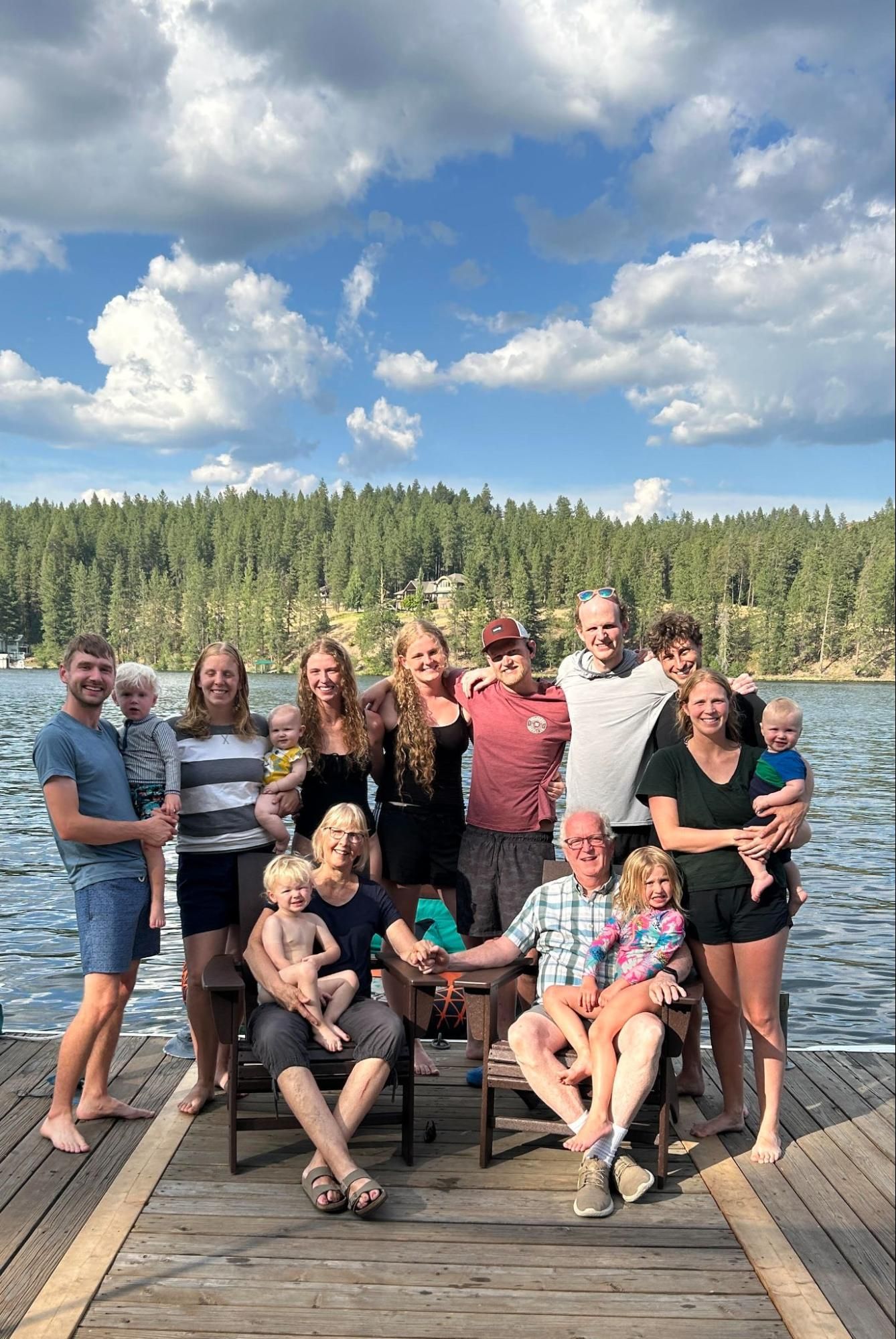 Photo from the 2025 Christmas letter: the King family on a lakeside dock at Coeur d’Alene Lake, August 2025